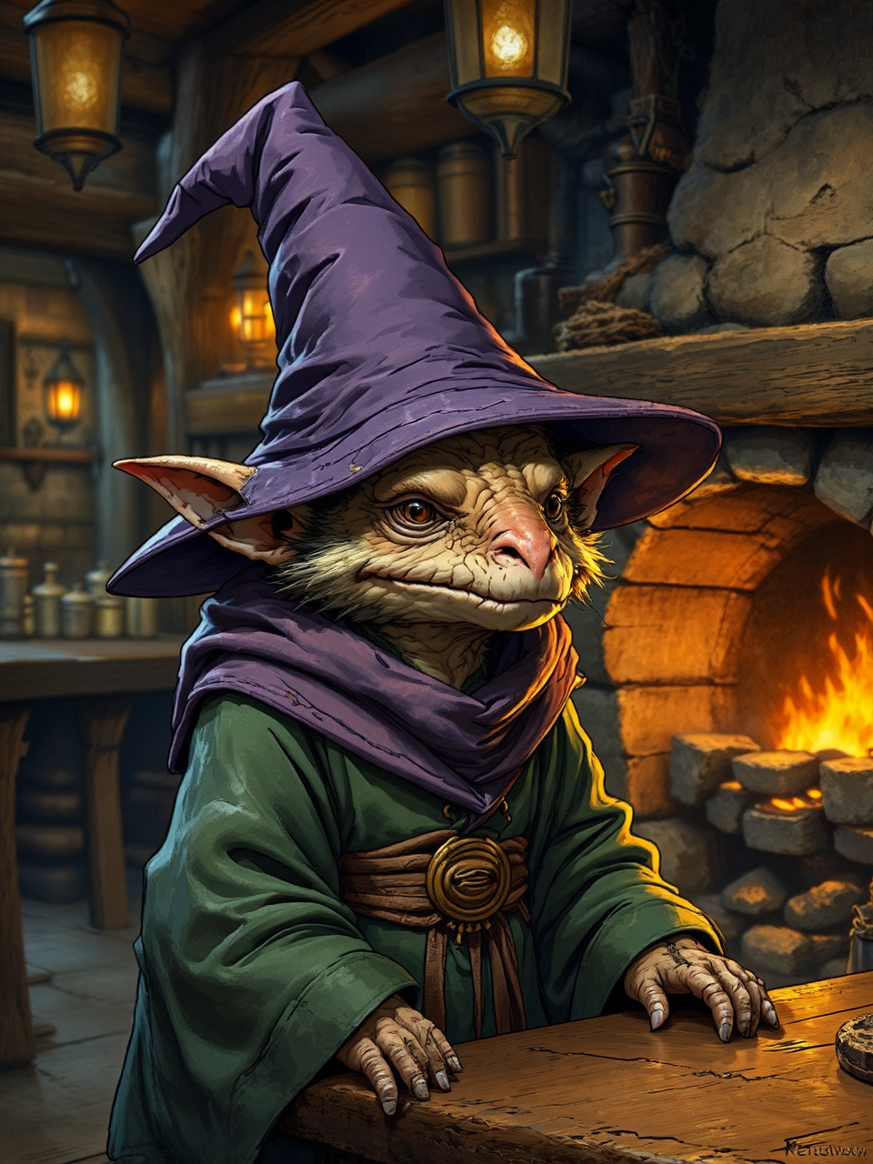 Anthropomorphic kobold near tavern