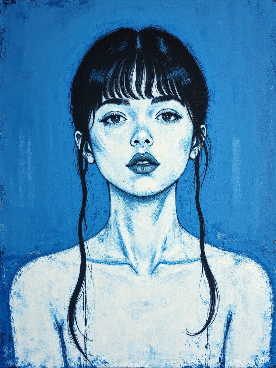 Monochrome blue oil painting