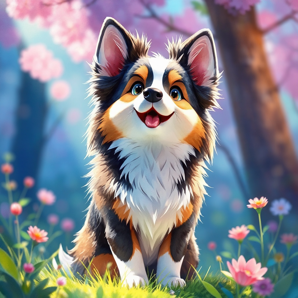 Vibrant animated Australian Shepherd.