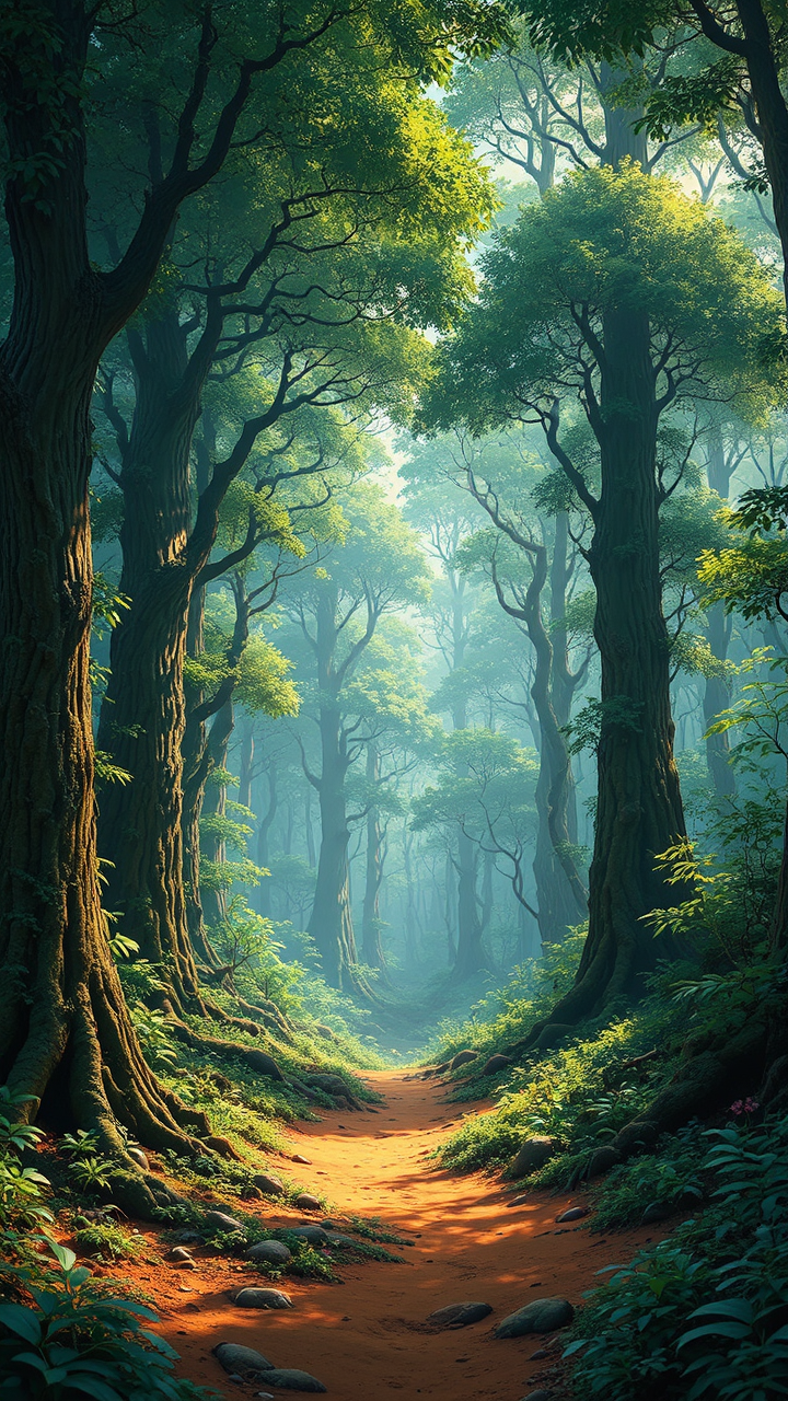 Lush forest with terracotta-colored