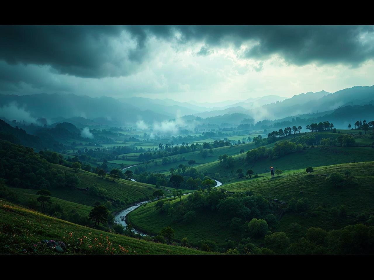 Landscape with atmospheric lighting.