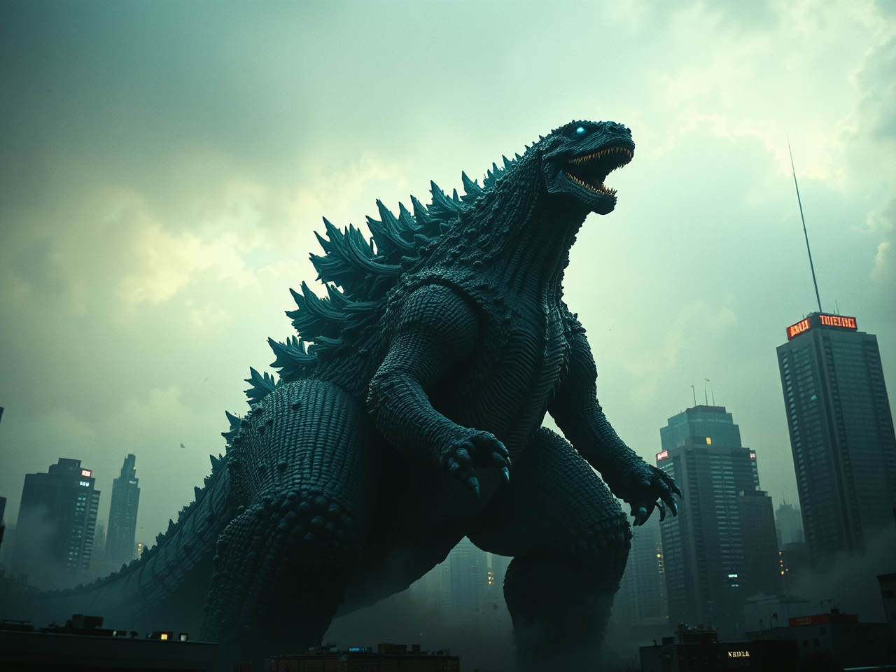 Close-up of Godzilla destroying