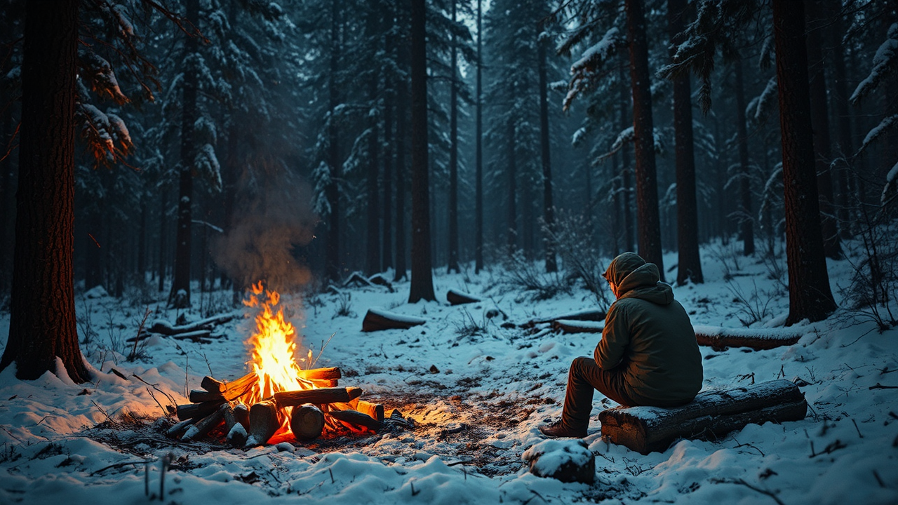Winter forest with campfire.