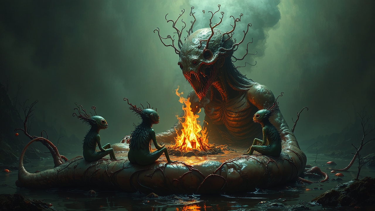 Whimsical creatures amidst visceral