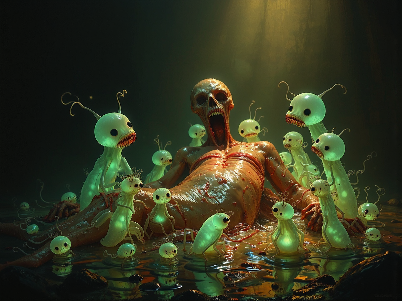 Bioluminescent creatures surround a