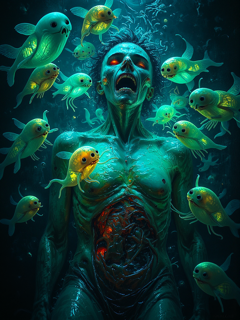 Glowing creatures swarm a