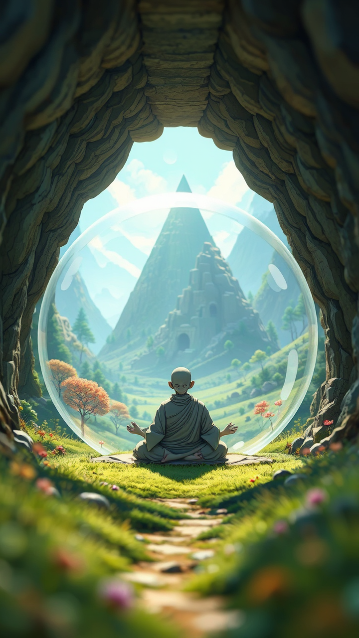 Grey monk meditates within