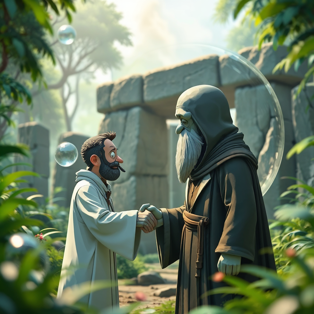 Grey monk shakes hands