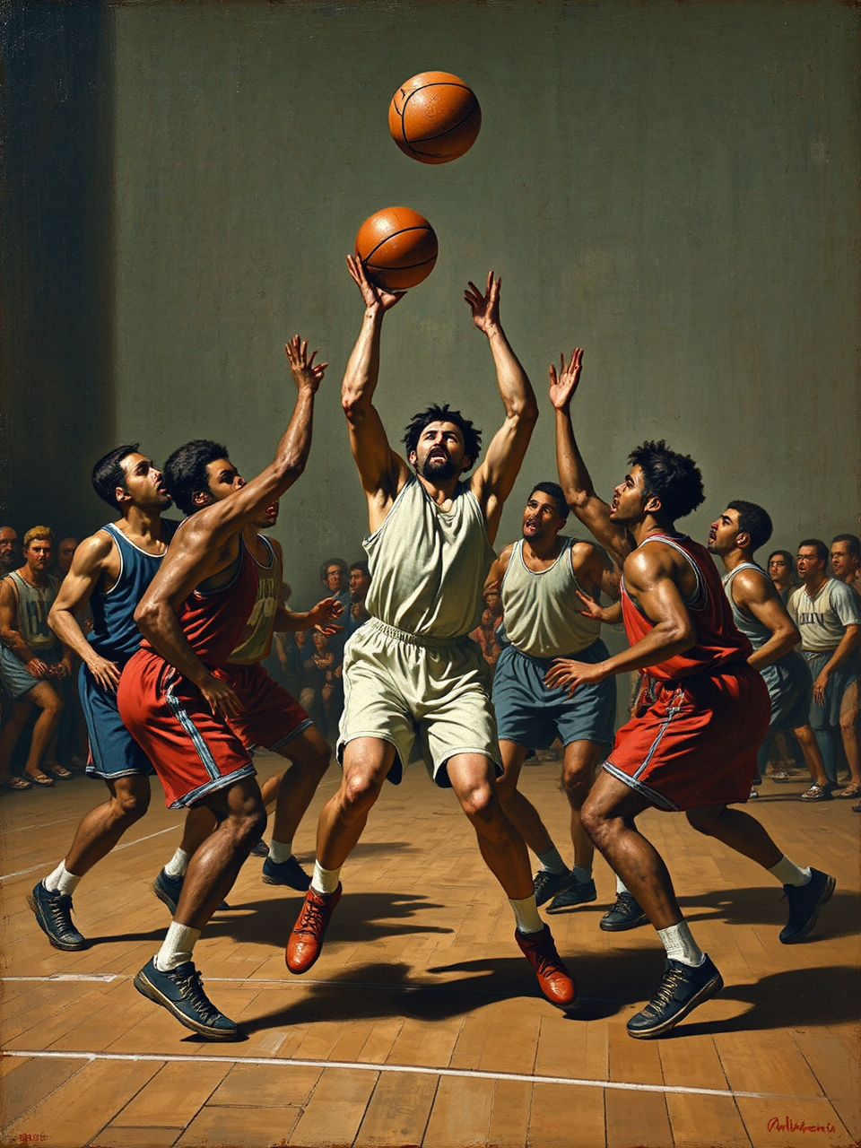 Men play basketball in