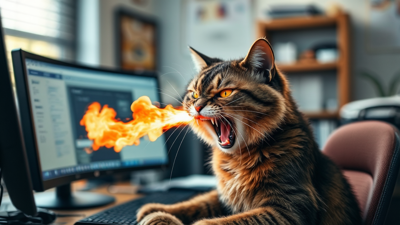 Angry cat breathing fire