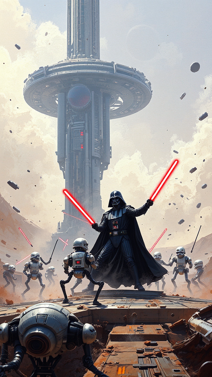 Darth Vader fights droids