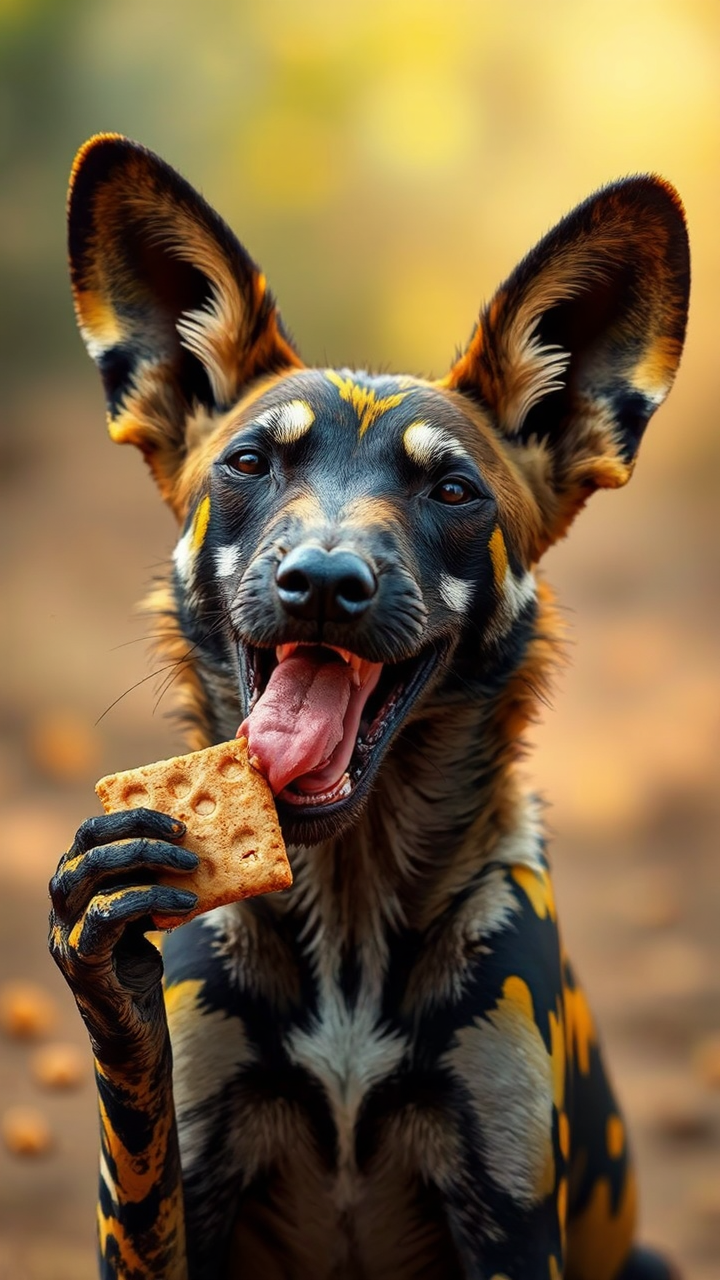 African wild dog eats
