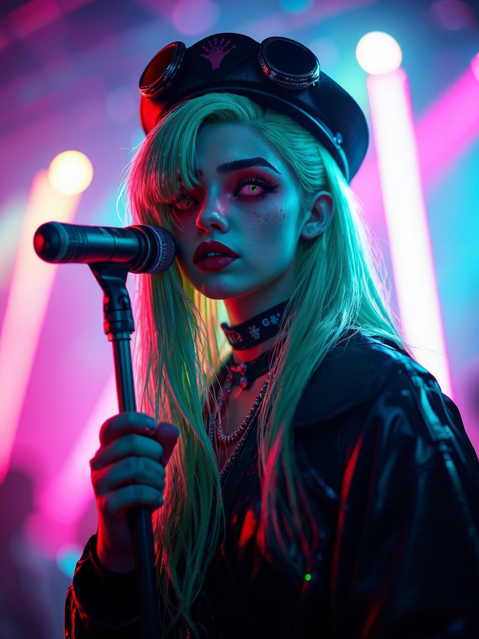 Neon-lit portrait of Grimes