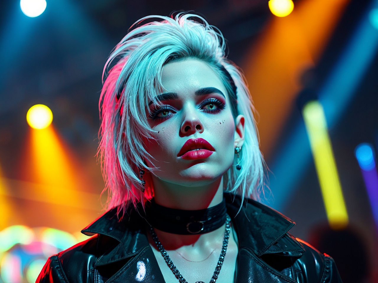 Neon-lit portrait of Grimes