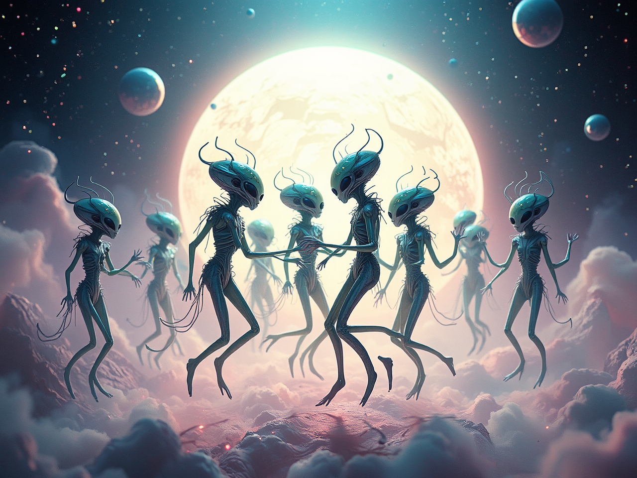 Ten aliens dance in