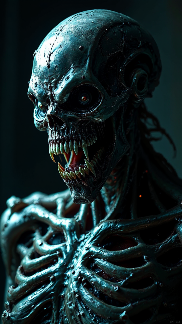 Metallic, morbidly twisted creature.