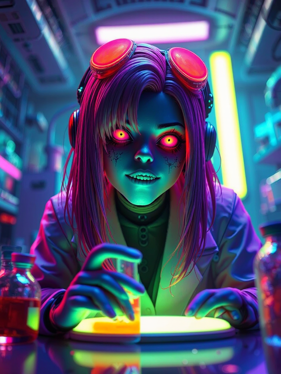 Grimes in futuristic laboratory