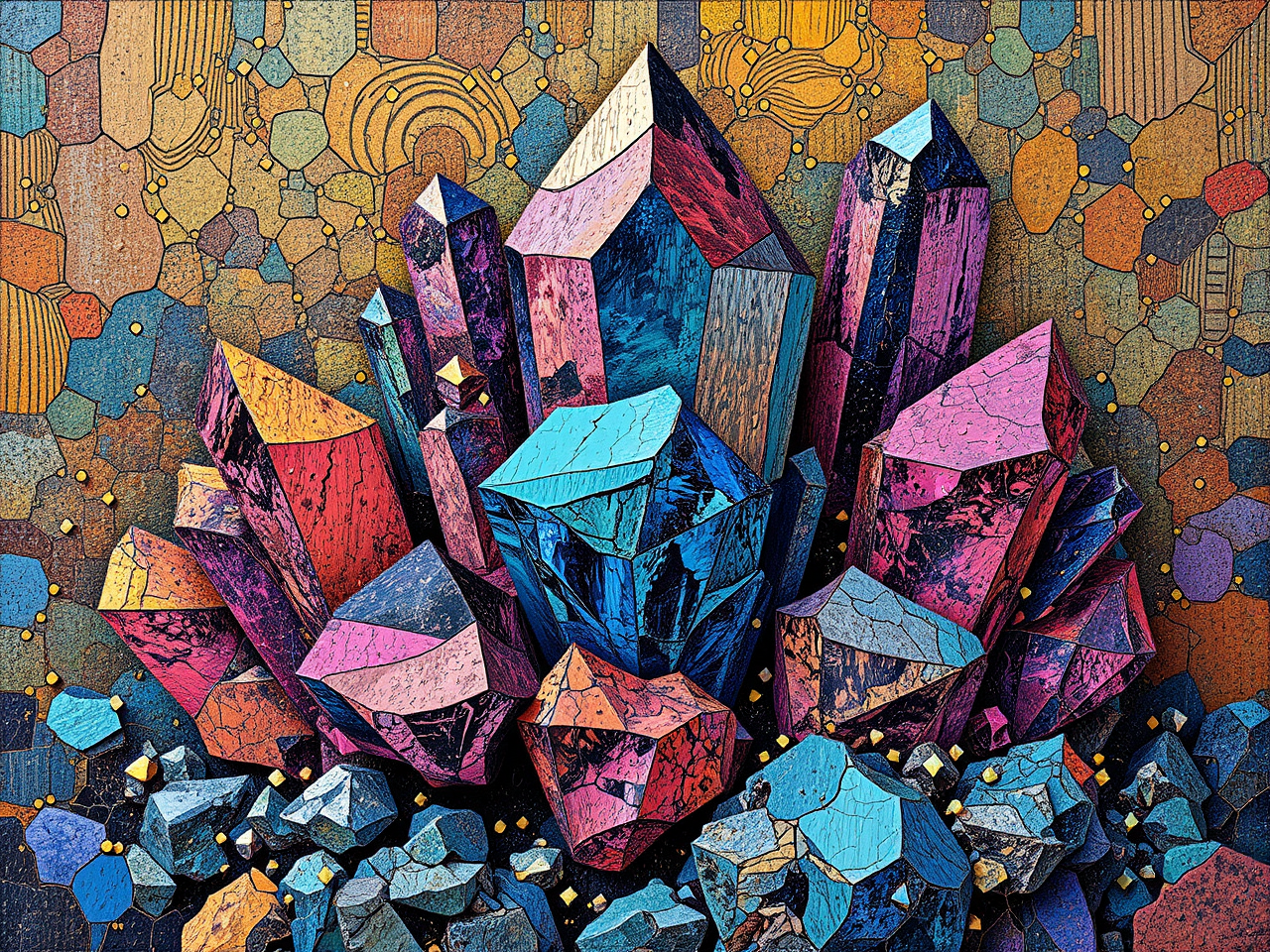 Vibrant 3D geometric woodblocks.