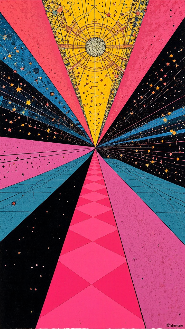 Vibrant geometric 3D woodprint.