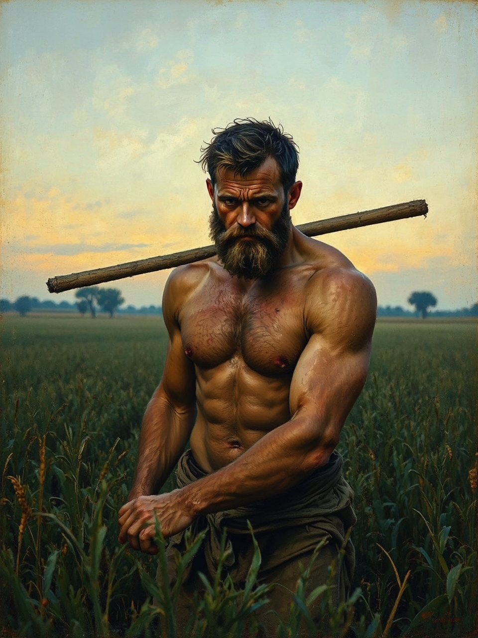 A shirtless man works