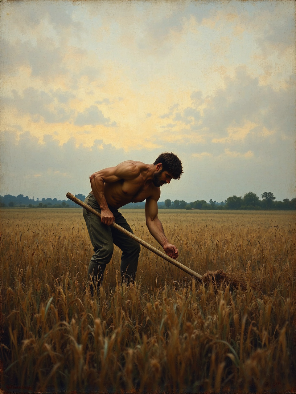 Farmer rakes field at