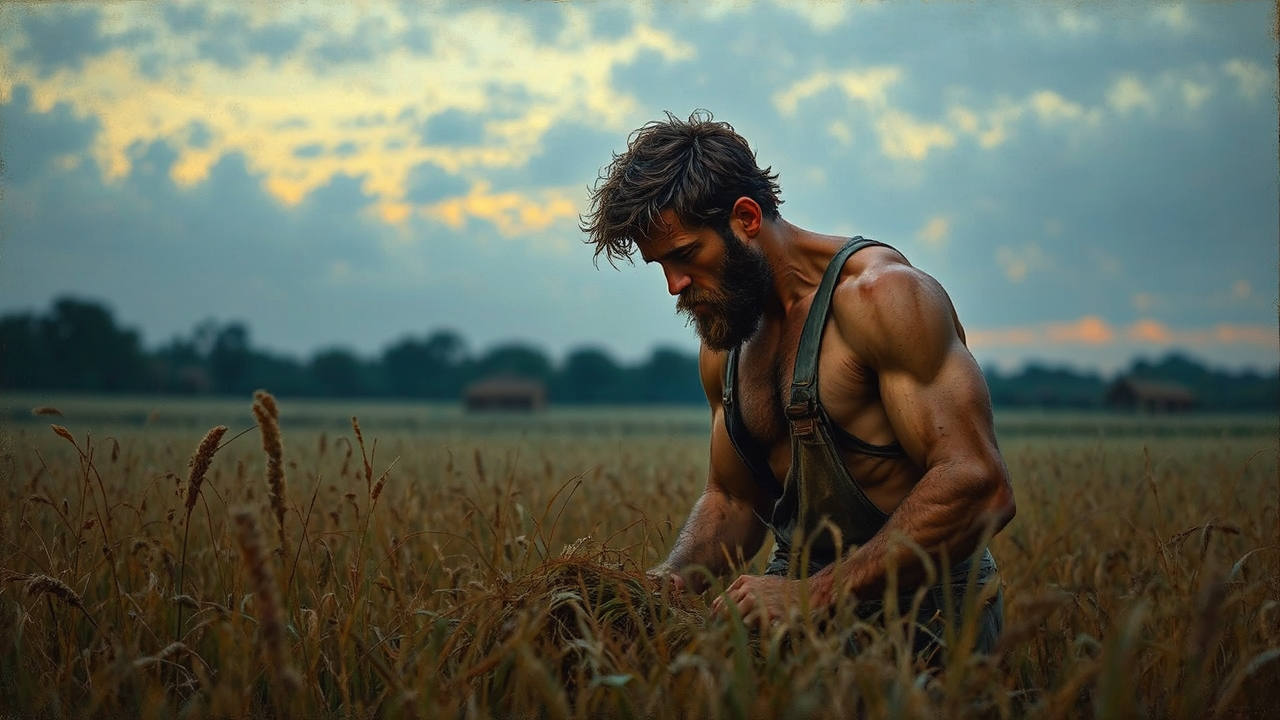 Man farming at dusk.