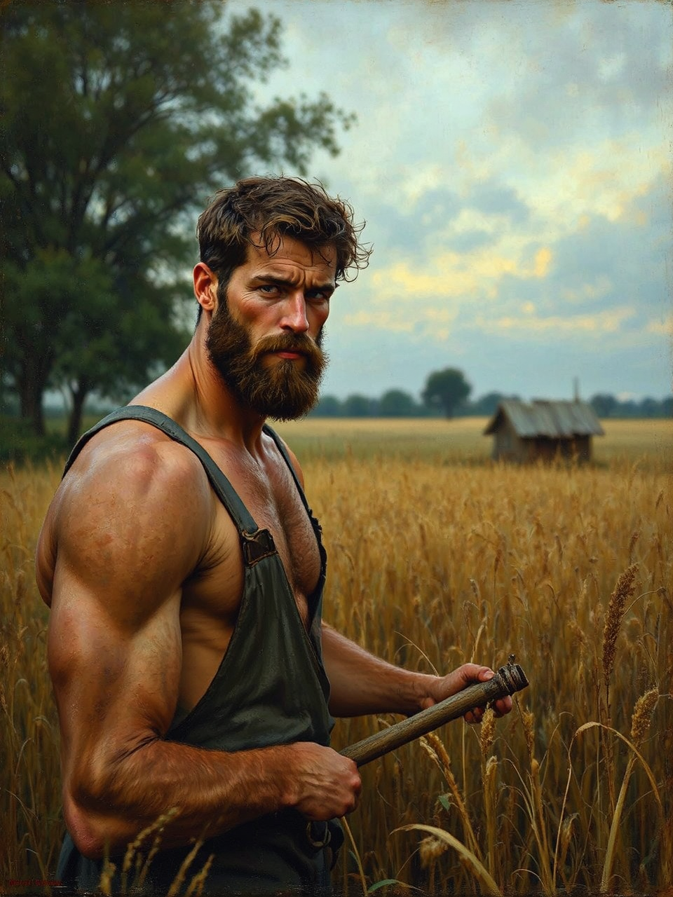 A shirtless farmer works