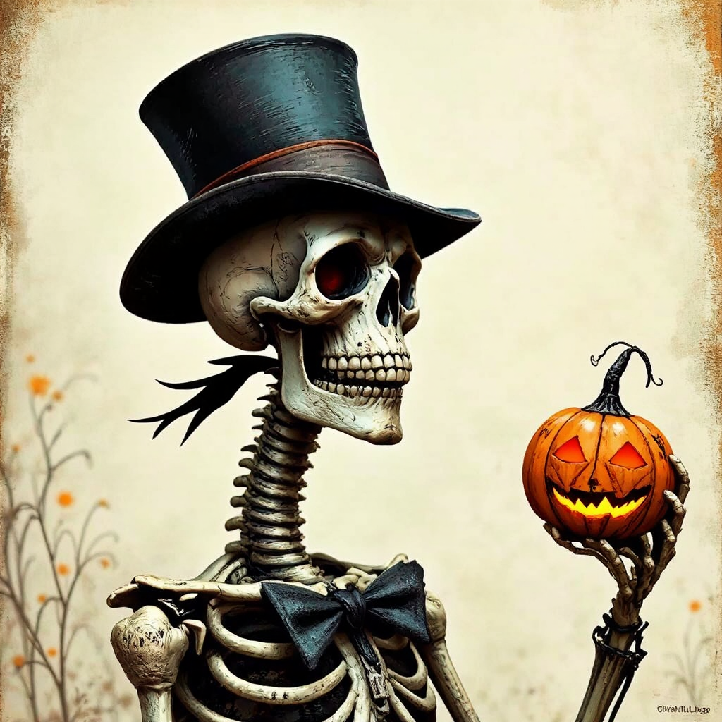 Skeleton holding jack-o'-lantern.