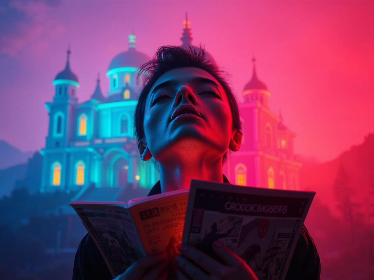 Glowing neon-lit mansion with