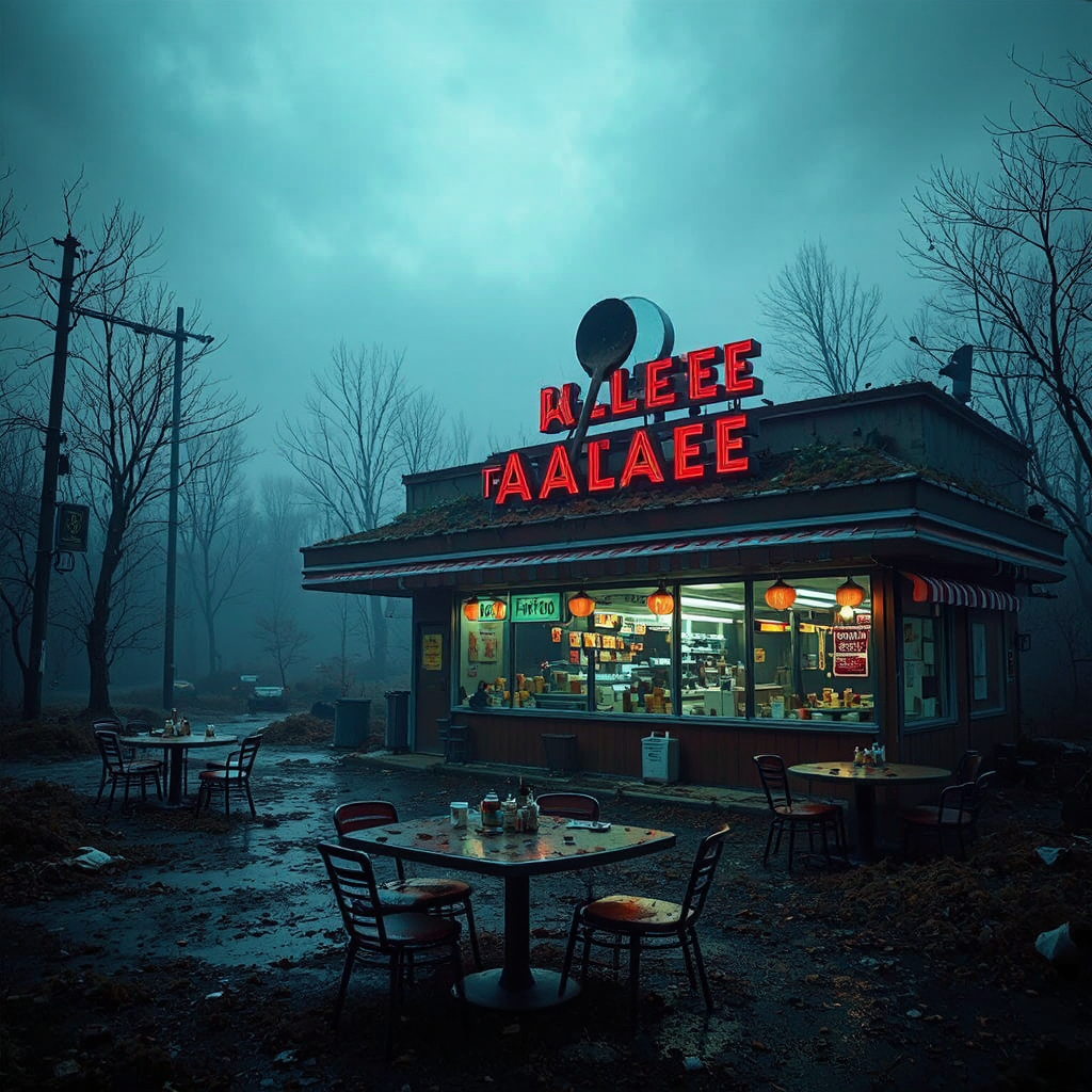 Abandoned restaurant in post-apocalyptic