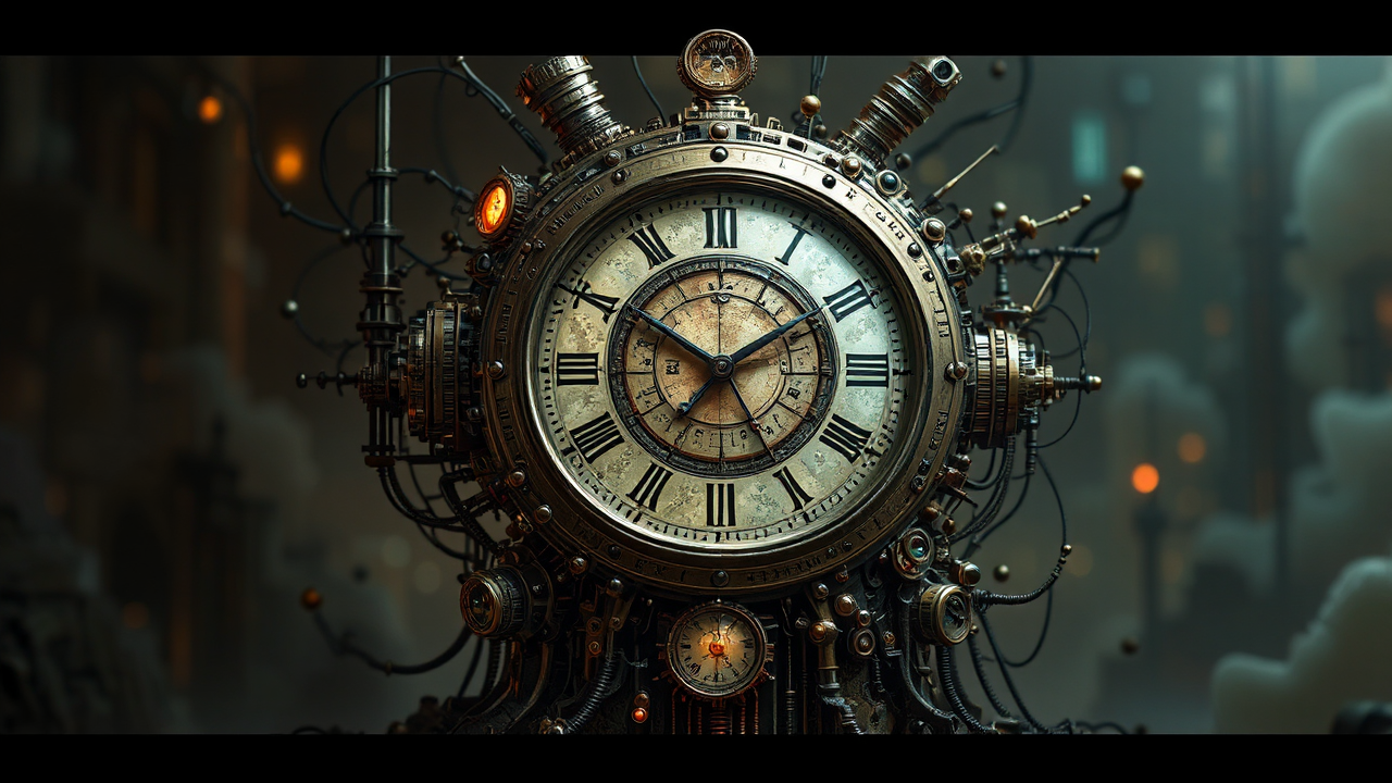 Clockwork cityscape with gears.