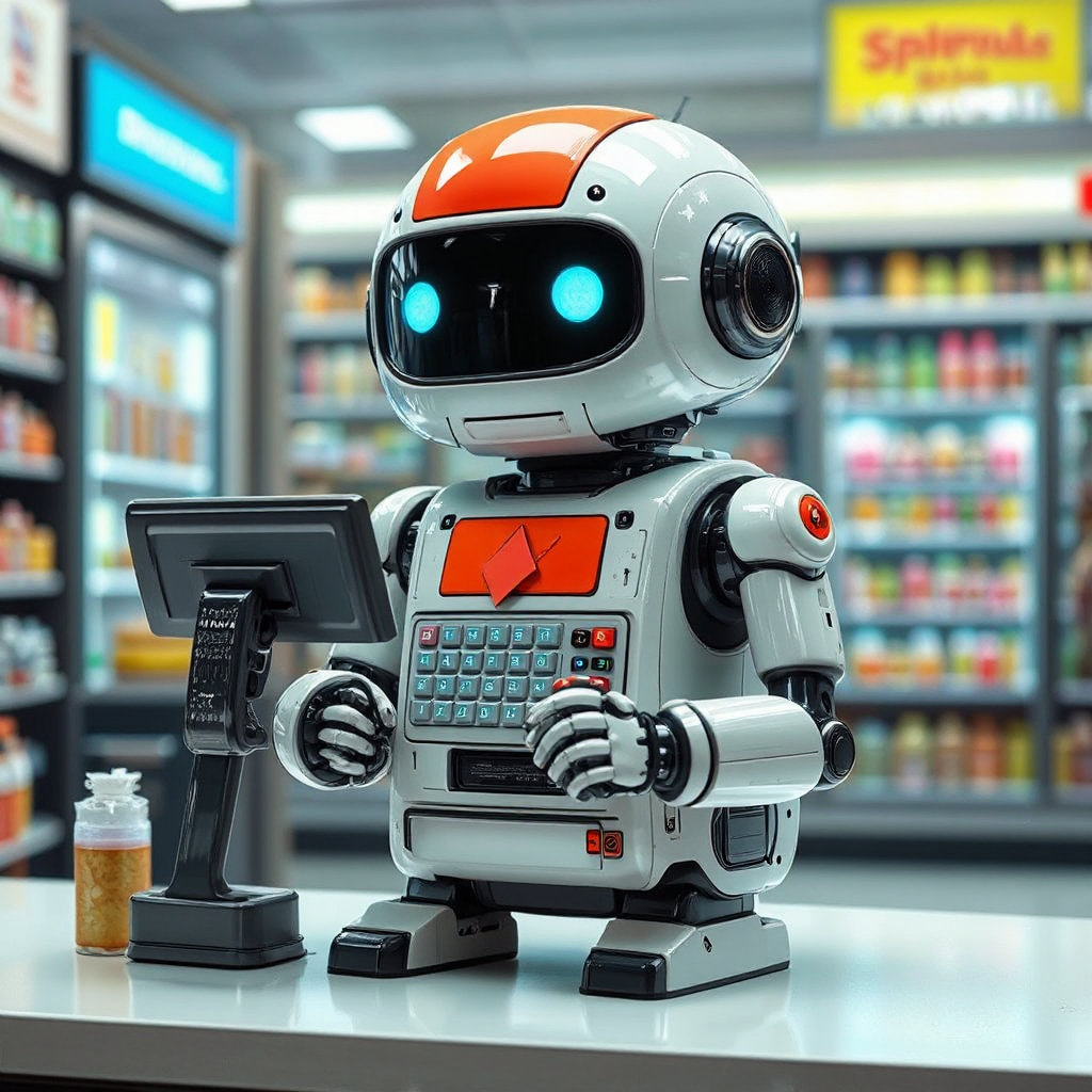 Robot cashes customer's groceries.