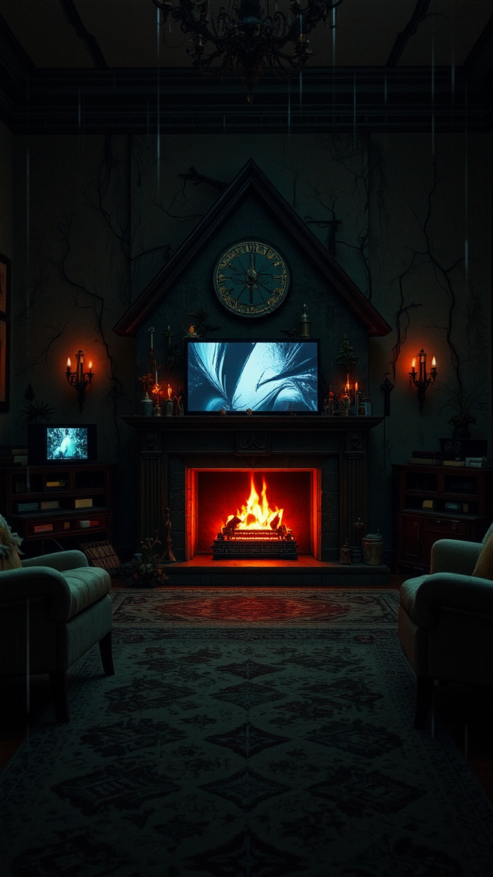 Long mantelpiece with many