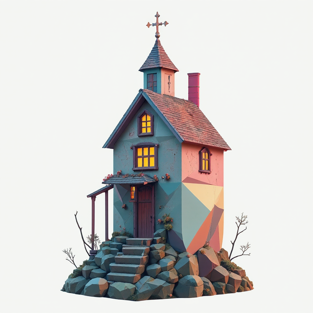 Distorted digital cottage exterior.