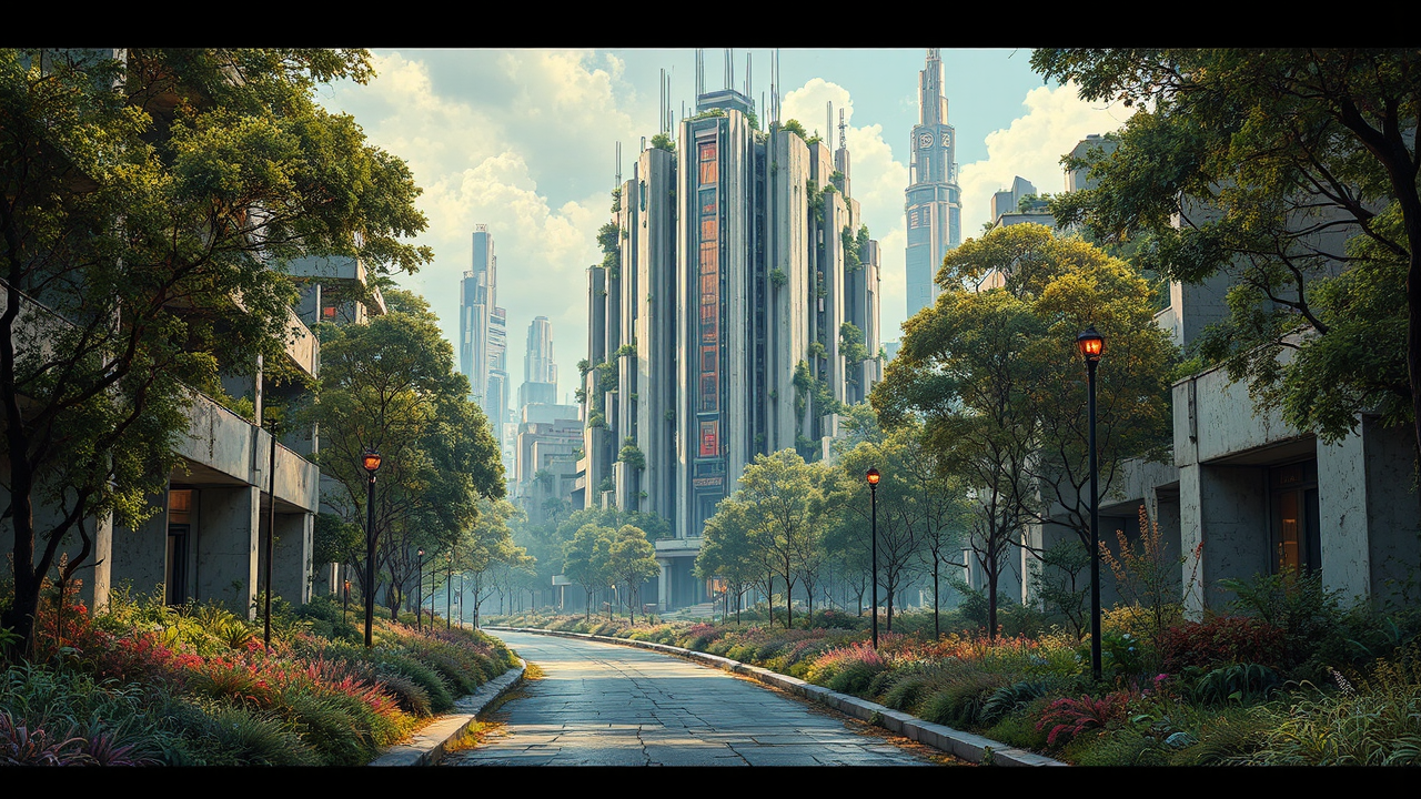 A dystopian cityscape with