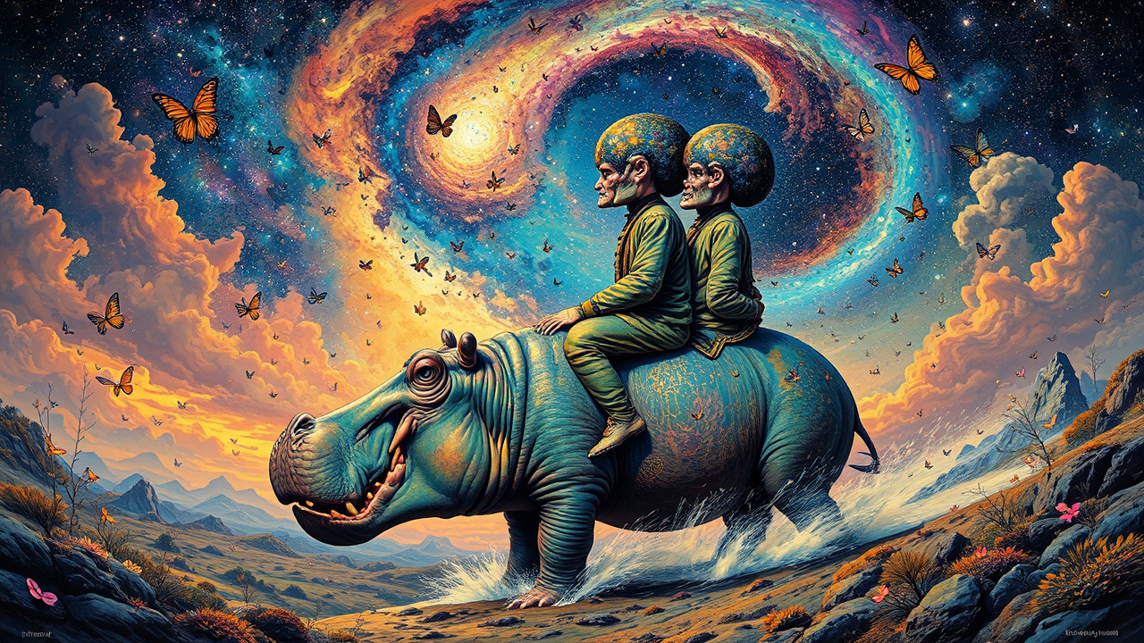 Three-headed human on hippopotamus.