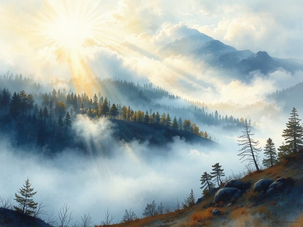 Scandinavian landscape with fog