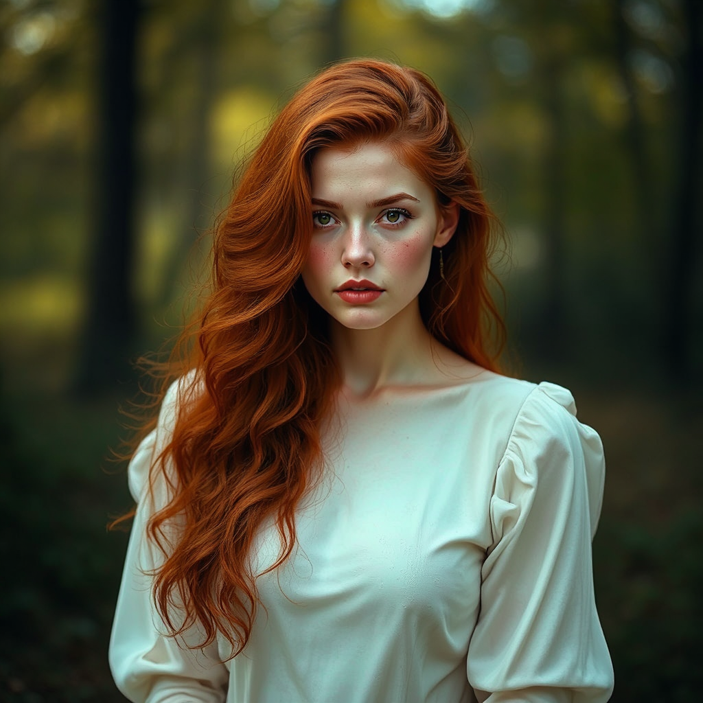 Redheaded woman sitting outdoors.