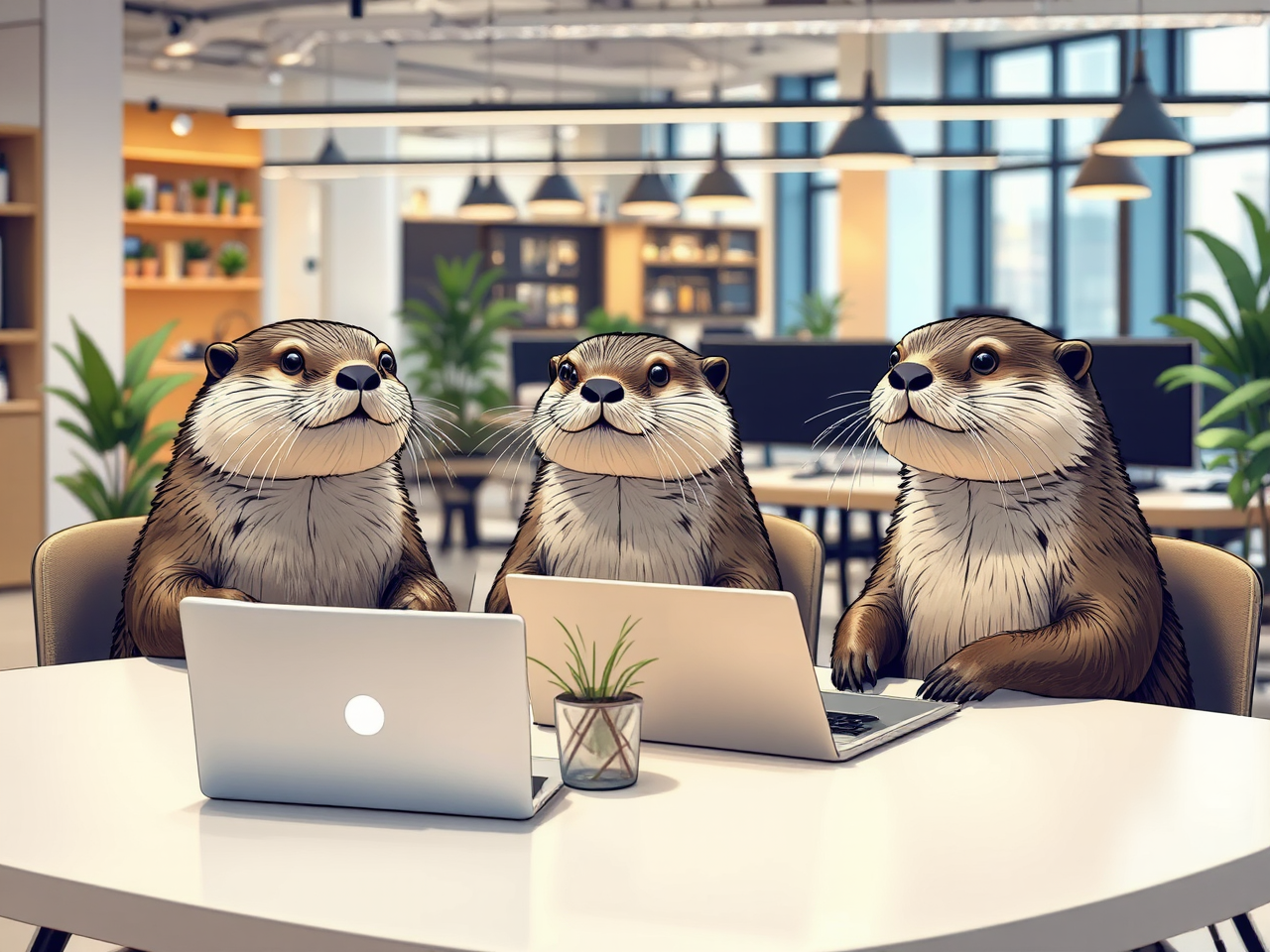 Three otters work in