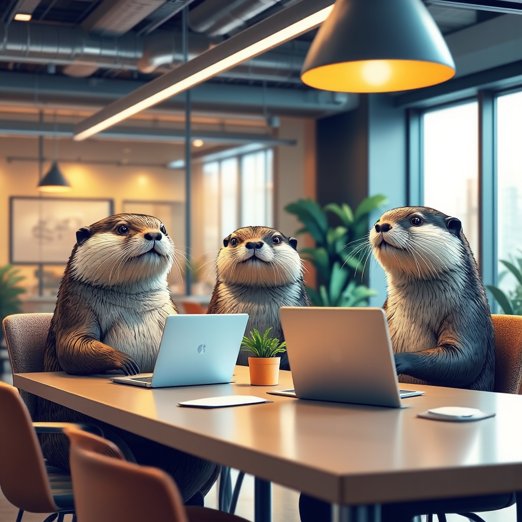 Three otters work in