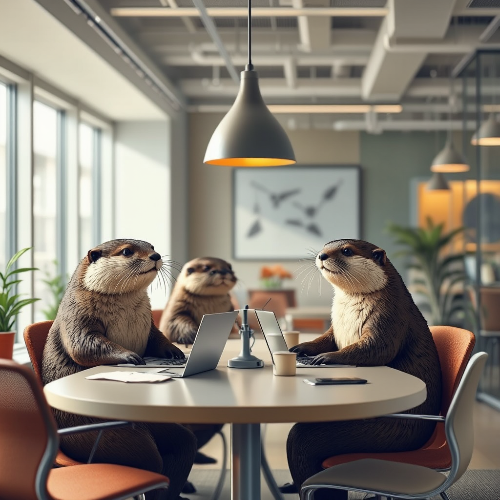 Three otters work in