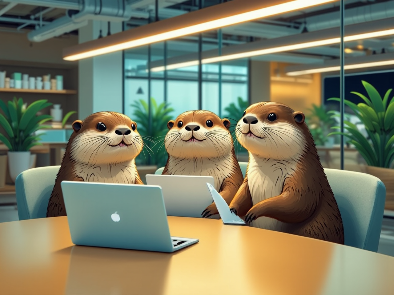 Three otters work in
