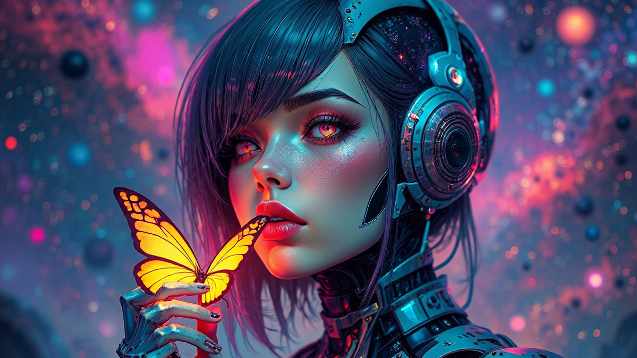 Female cyborg in galaxy