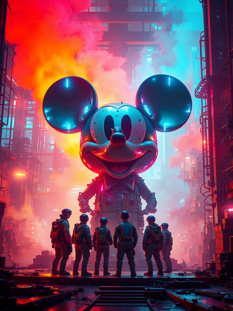 Mechanics stand around Mickey