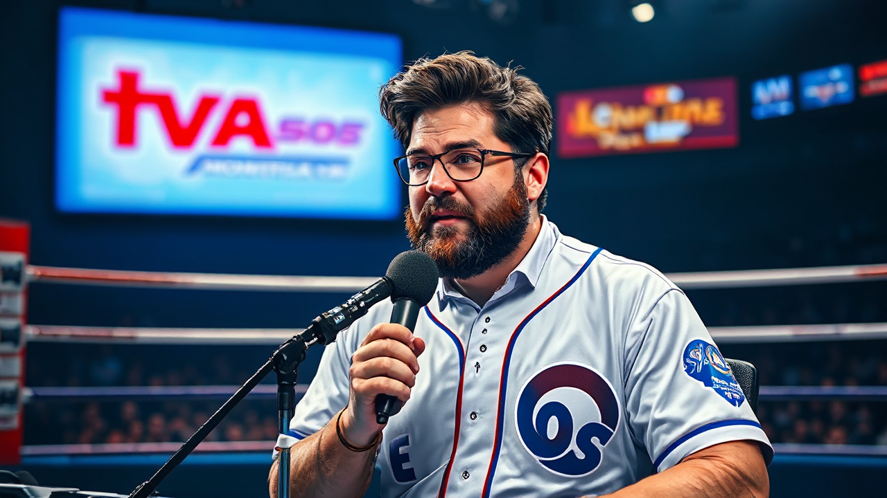 Baseball stadium with commentator.