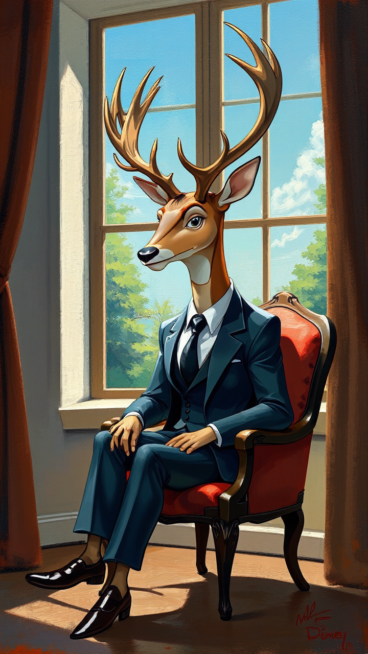 Buck in suit sits