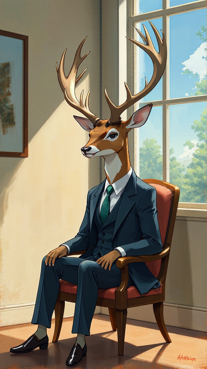 Anthropomorphic stag sitting in