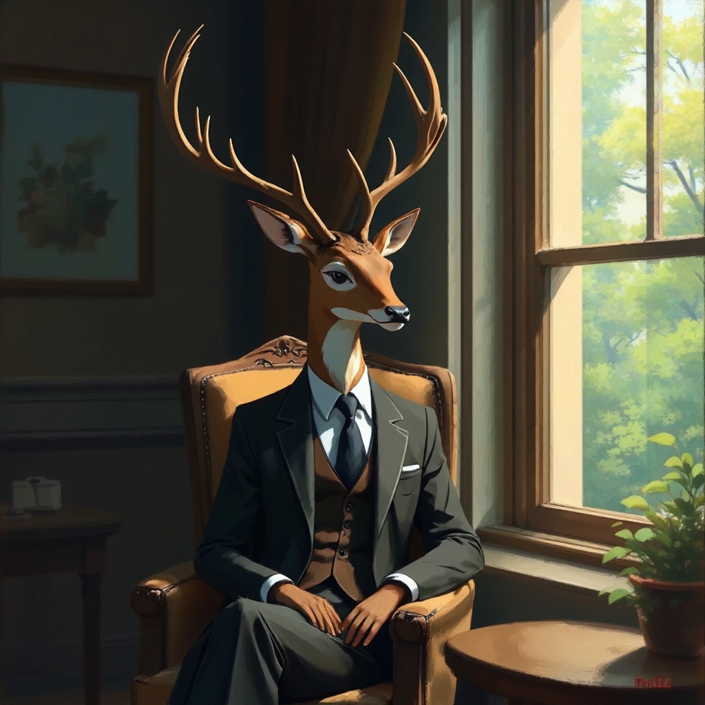 Buck in suit sits