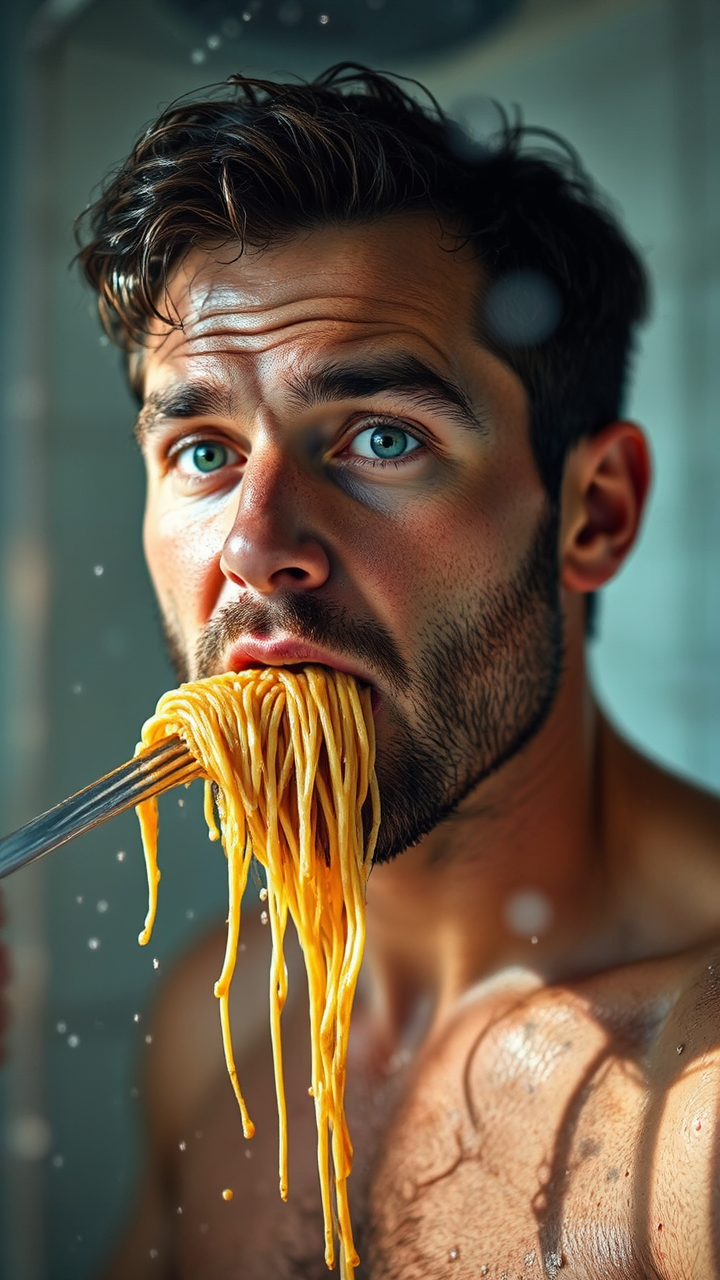 Man eats spaghetti in