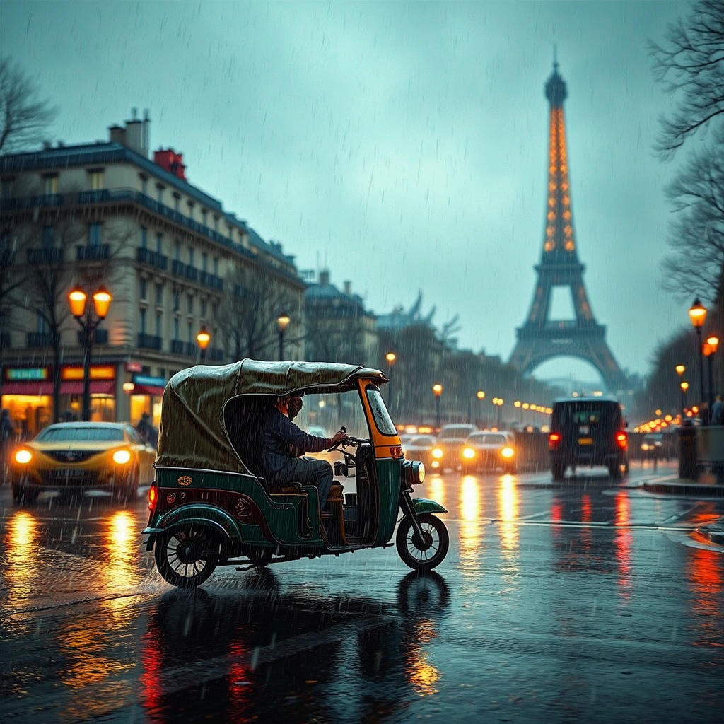An auto rickshaw drives
